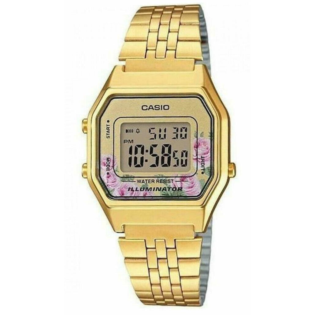 Casio LA680WGA-4C Women`s Vintage Floral Gold Tone Alarm Chrono Digital Watch - Dial: Gold, Band: Gold