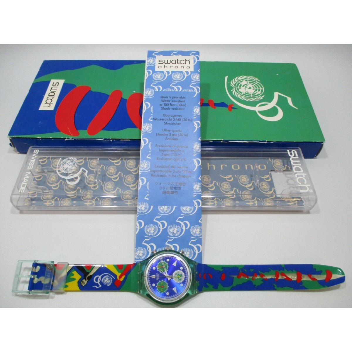 Swatch Chrono 1994 United Nations SCZ103 Quartz Chronograph Watch Papers Case