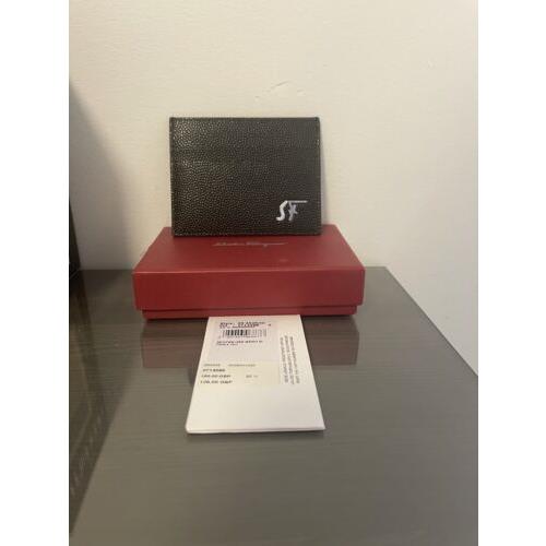 Salvatore Ferragamo Pebbled Leather ID Card Holder Black SF Logo