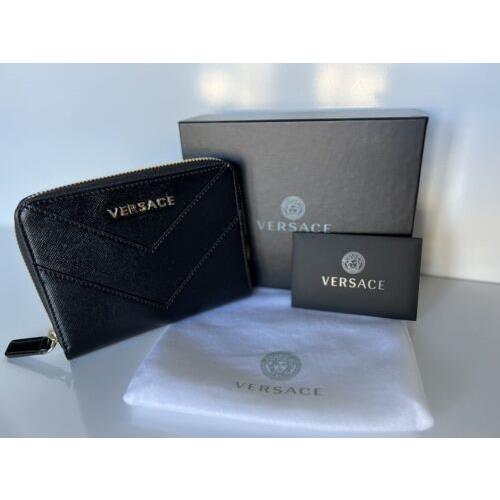 Versace Black Calf Leather Medium Zipper Wallet Made in Italy 593