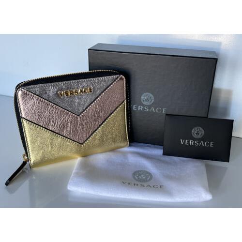Versace Gold/pink/silver Calf Leather Medium Zipper Wallet Made in Italy 593