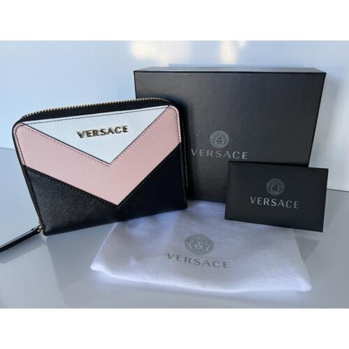 Versace Black/white/pink Calf Leather Medium Zipper Wallet Made in Italy 593
