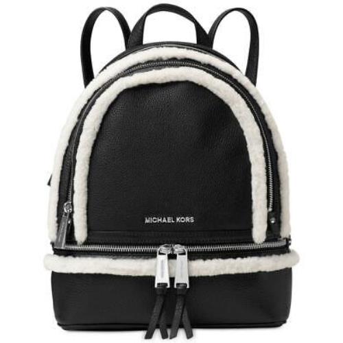Michael Kors Rhea Zip Medium Backpack Black Leather Natural Shearling Bag - Black Lining, Black Exterior, SILVER Hardware