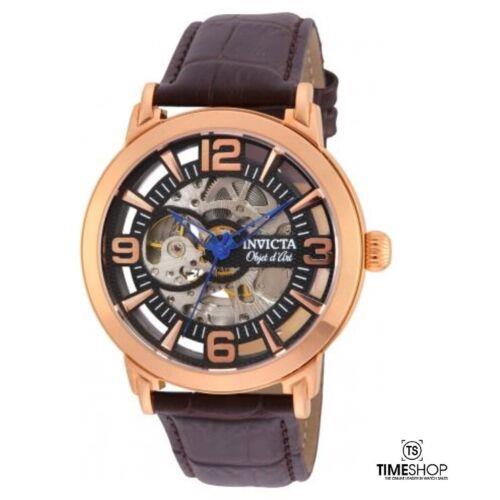 Invicta Objet D Art Skeleton Dial Brown Leather Band Automatic Mens Watch 22609 - Face: , Dial: Silver