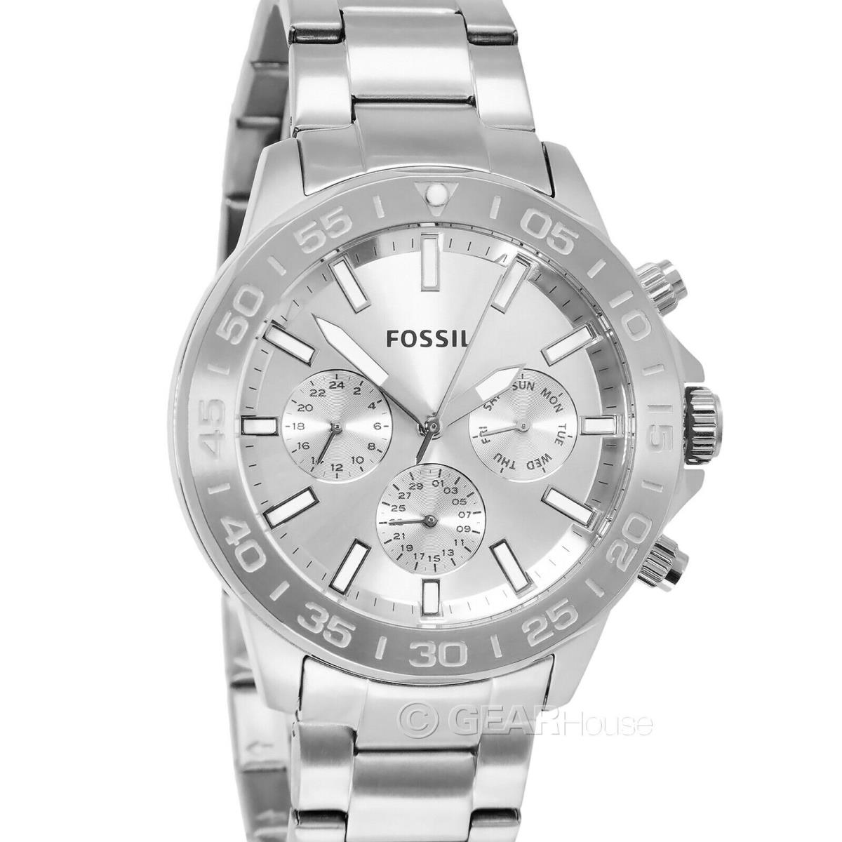 Fossil Bannon Mens Multifunction Watch Silver Dial Day Date Stainless Steel Band