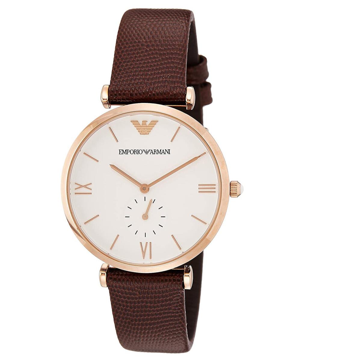 Emporio Armani AR9042 Rose Gold Tone White Dial Brown Leather Band Mens Watch