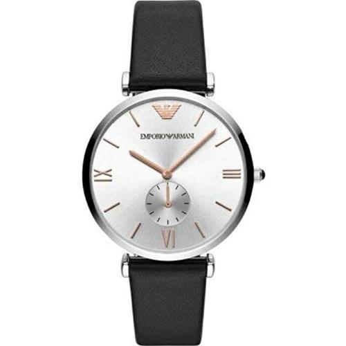 Emporio Armani AR90002M Silver Tone Black Leather Band Mens Classic Watch - Dial: Silver, Band: Black