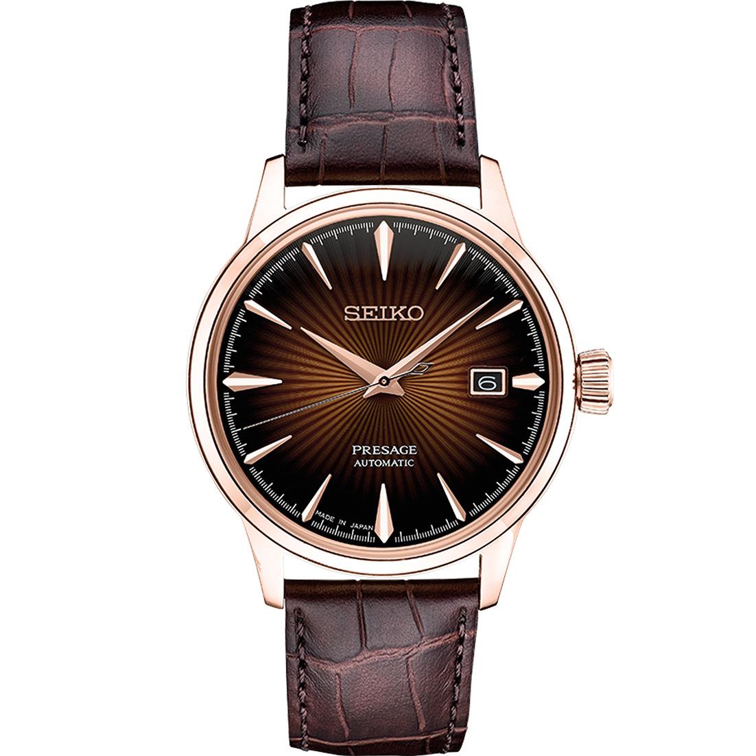 Seiko Presage SRPB46 Rose Gold 40.5mm Brown Dial Leather Automatic Men`s Watch - Dial: Brown, Band: Brown, Bezel: Rose Gold