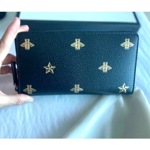 Gucci Black Leather Large Long Wallet Zip Around Gold Box Bee Star Italy