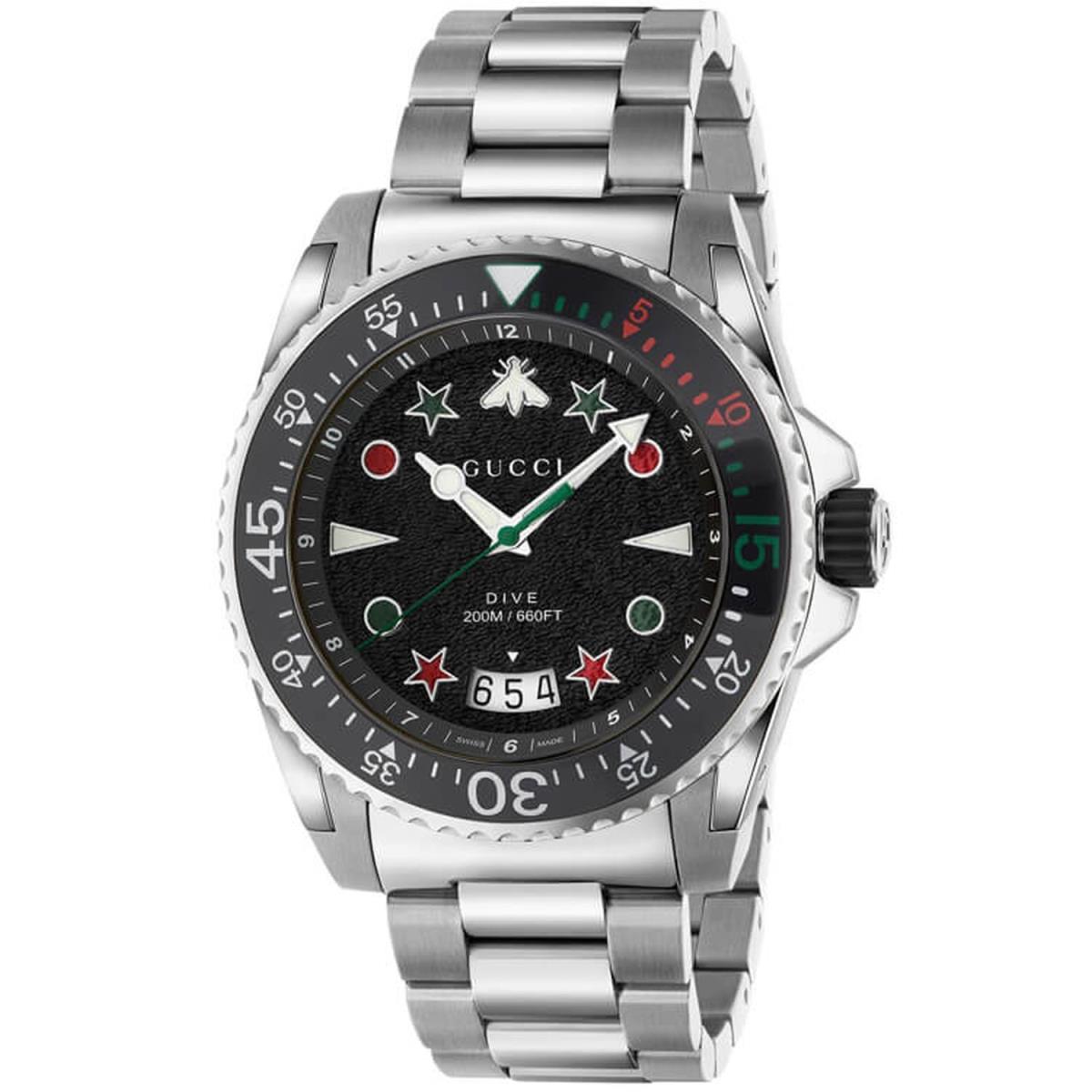 Gucci YA136221 Men`s Dive Black Dial Quartz Watch - Dial: Black, Band: Silver-tone