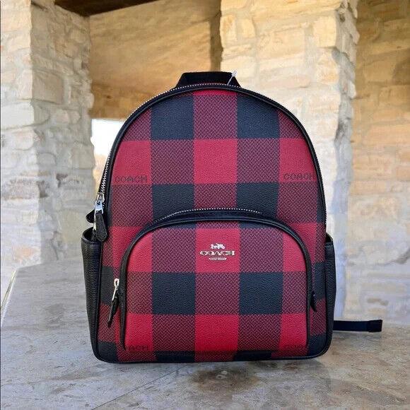 Coach Court Buffalo Plaid Check Backpack Bag Red Black