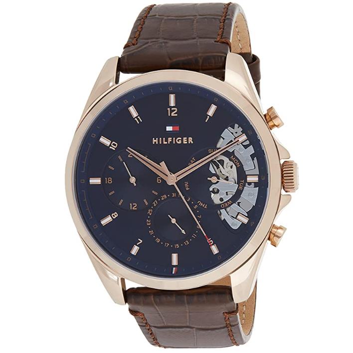 Tommy Hilfiger Carnation Rose Gold Tone Watch Skeleton Dial Leather Band 1710453