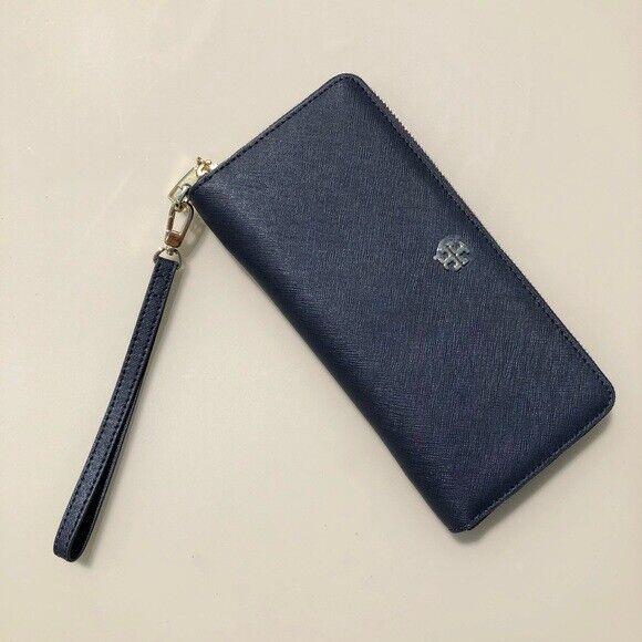 Bnwts Tory Burch Emerson Wristlet Zip Continental Wallet Navy Saffiano Leather