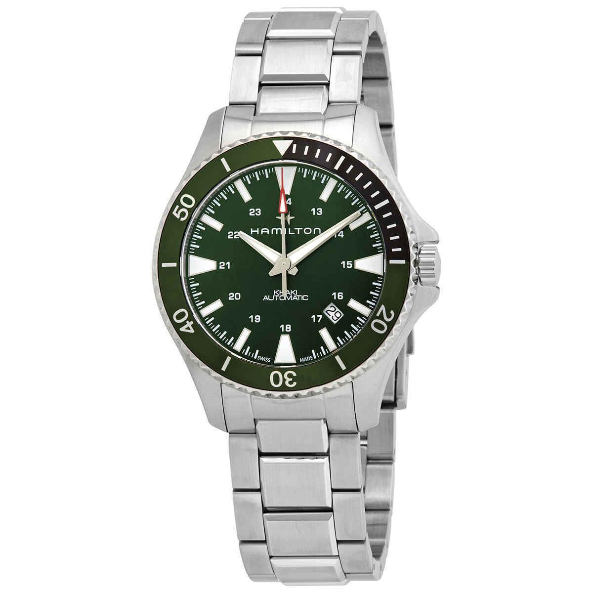 Hamilton Khaki Navy Automatic Green Dial Sprite Bezel Men`s Watch H82375161 - Dial: Green, Band: Silver, Bezel: Black, Green