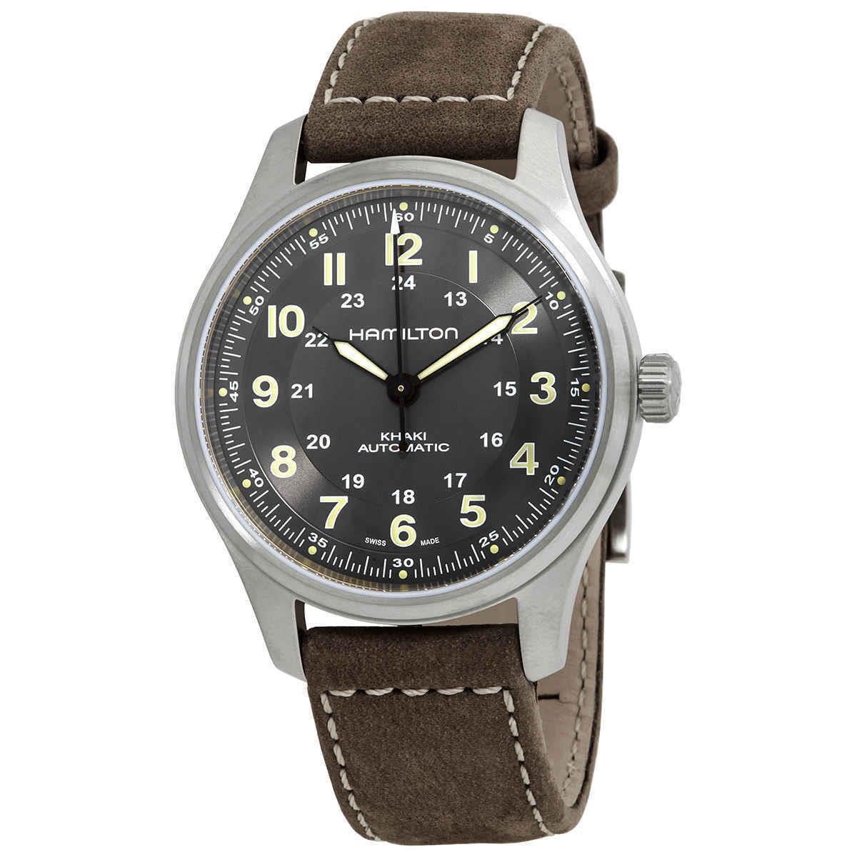 Hamilton Khaki Field Automatic Black Dial Men`s Watch H70545550 - Dial: Black, Band: Brown, Bezel: Silver