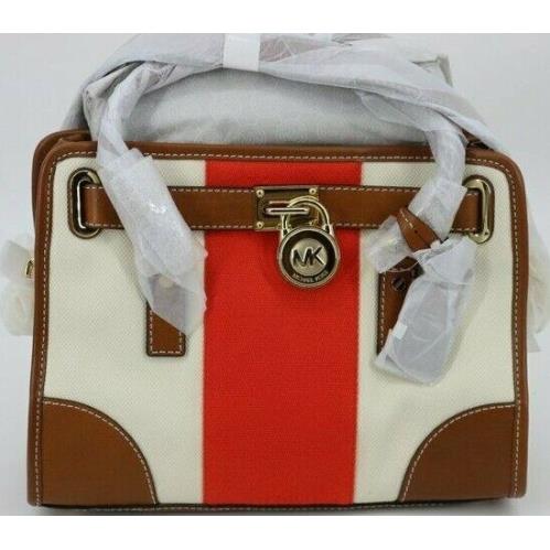 Michael Kors Hamilton Center Stripe Canvas Luggage Leather Satchel Bag