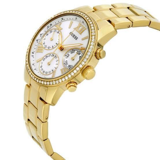 Guess Women`s Mini Sunrise Gold-tone Dial Steel Bracelet Quartz Watch W0623L3/U0623L3 - Dial: White, Band: Gold