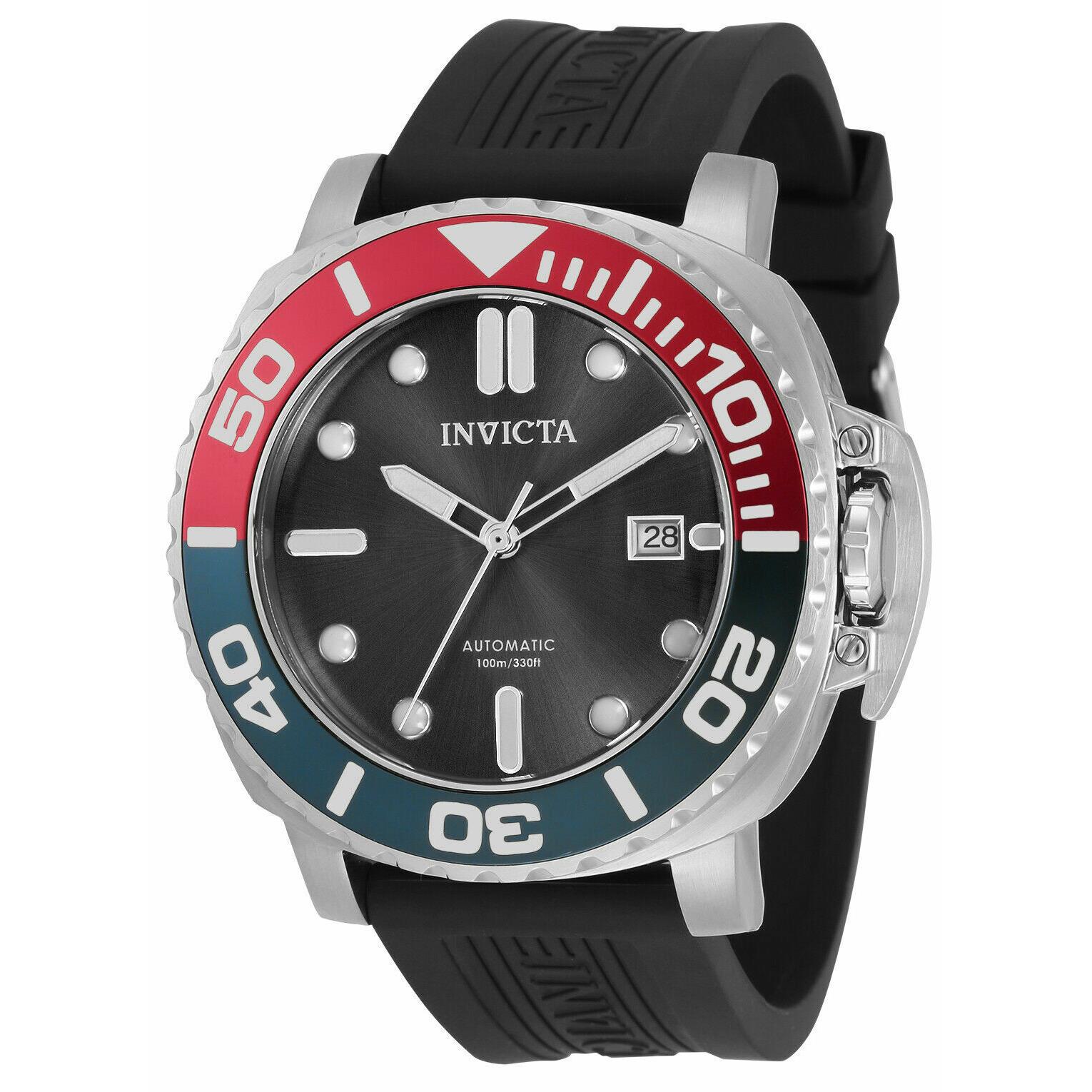 Invicta Pro Diver Men Silicone Blue Red Exhibition Automatic Date Watch 34317 - Black Dial, Black Band, Red/Blue Bezel