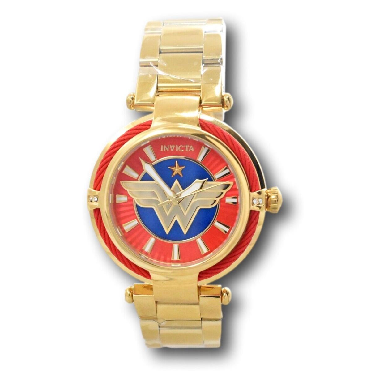 Invicta DC Comics Wonder Woman Ladies 40mm Limited Edition Mop Watch 34955 - Dial: Blue Gold Multicolor Red, Band: Gold Yellow, Bezel: Gold Red Yellow