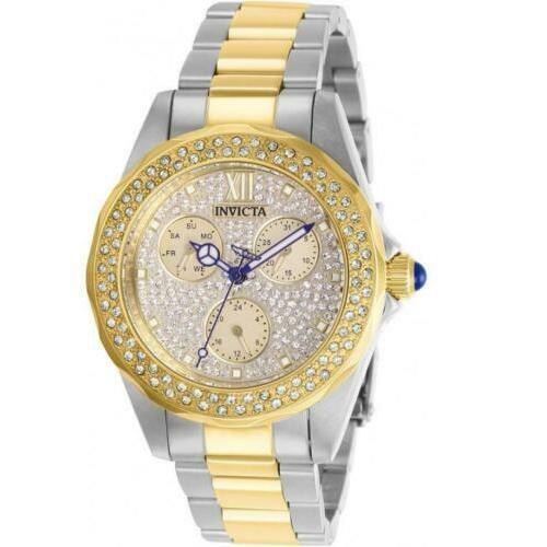 Invicta Angel Womens Two-tone Multifunction Crystals Bezel Pave Dial Watch 28433 - Mother of Pearl Dial, Two-Tone Band, Clear Bezel