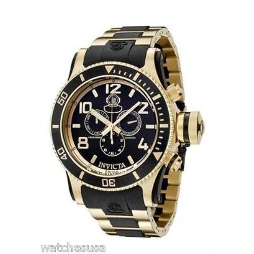 Invicta Men 6633 Russian Diver Collection Chrono Gold-plated Two-tone Watch - Black Dial, Black Band, Black Bezel