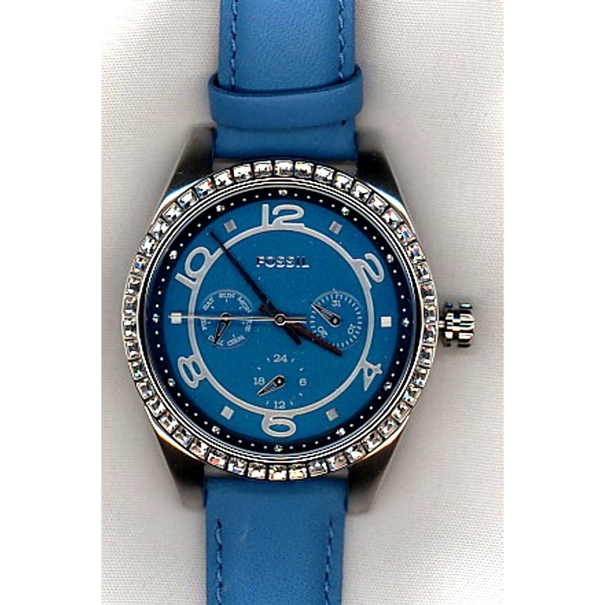 Fossil BQ1092 Silver Tone Stainless Steel Glitz Case Blue Dial Leath