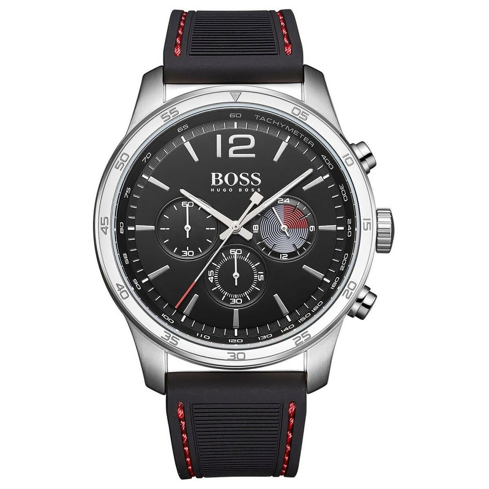 Hugo Boss Mens Professional Chronograph Watch Black Red Dial Silicone Strap