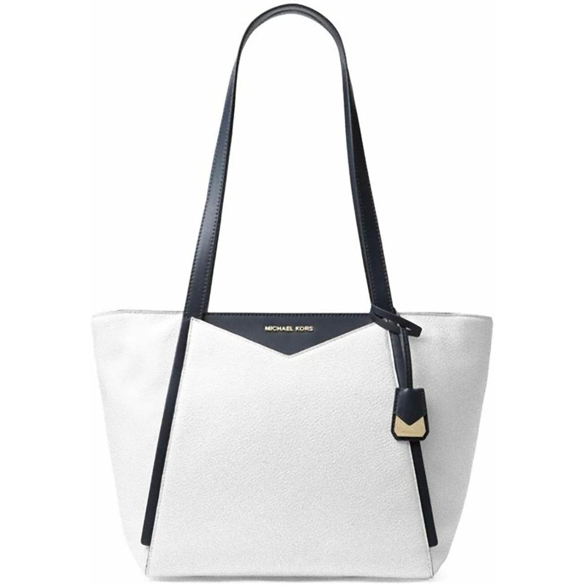Michael Kors Whitney Small Leather Top Zip Tote Optic White Navy Handbag Bag - Optic white and navy blue admiral Exterior, Optic White Navy Lining, Navy Blue Handle/Strap