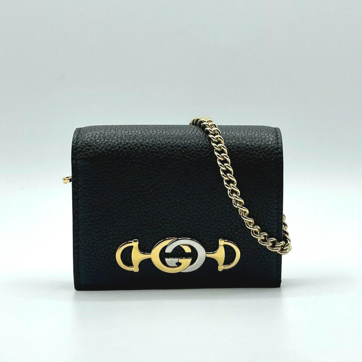 Gucci Zumi Black Leather Gold Chain Bi-fold Mini Wallet GG Logo 570660 1000