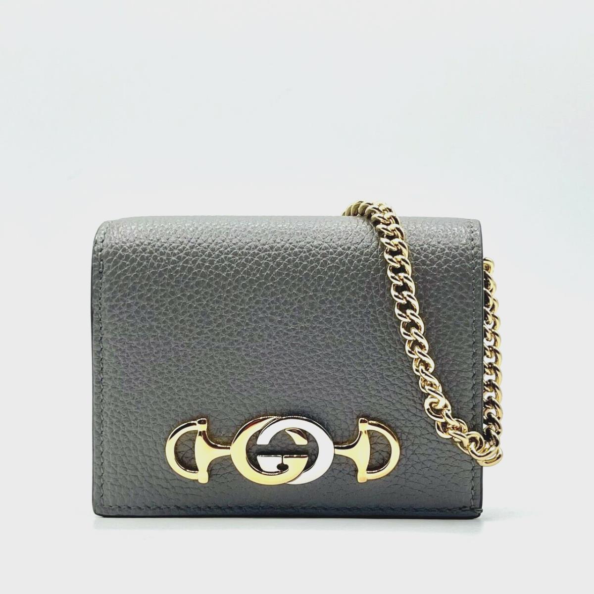 Gucci Zumi Grey Leather Gold Chain Bi-fold Mini Wallet GG Logo 570660 1275