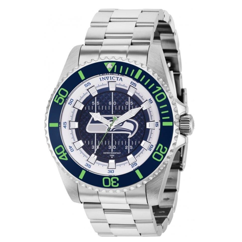 Invicta Nfl Seattle Seahawks Men`s 47mm Limited Stainless Quartz Watch 36927 - Dial: Blue, White, Band: Silver, Bezel: Blue, Green