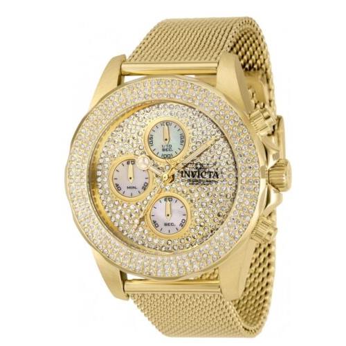Invicta Pro Diver Women`s 40mm Gold Pave Crystal Chronograph Watch 37860 - Gold Dial, Gold Band, Gold Bezel