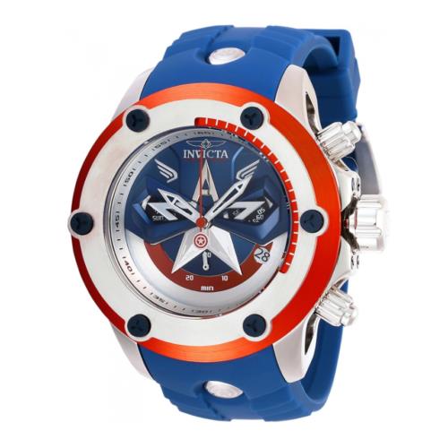 Invicta Marvel Captain America Limited 52mm Swiss Chronograph Watch 28420 Rare - Blue Dial, Blue Band, Red Bezel