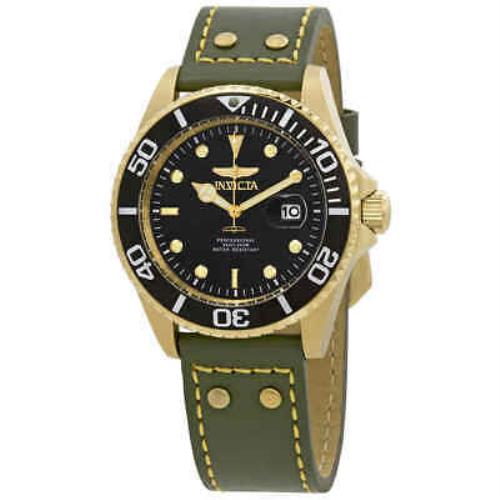 Invicta Pro Diver Black Dial Green Leather Men`s Watch 22075 - Black Dial, Navy Green Band