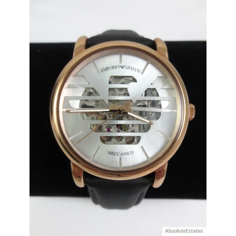 Emporio Armani Rose Gold Silver Skeleton Black Automatic Mens Watch AR60031