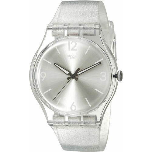 Swatch SUOK112 Mirrormellow Shimmer Silver Glitter Silicone Womens Watch