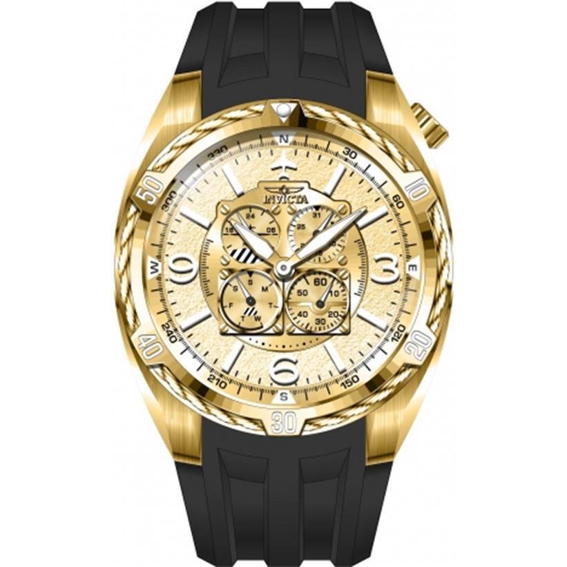 Invicta 30486 Men`s Aviator Chronograph Gold Dial Black Silicone Bracelet Watch