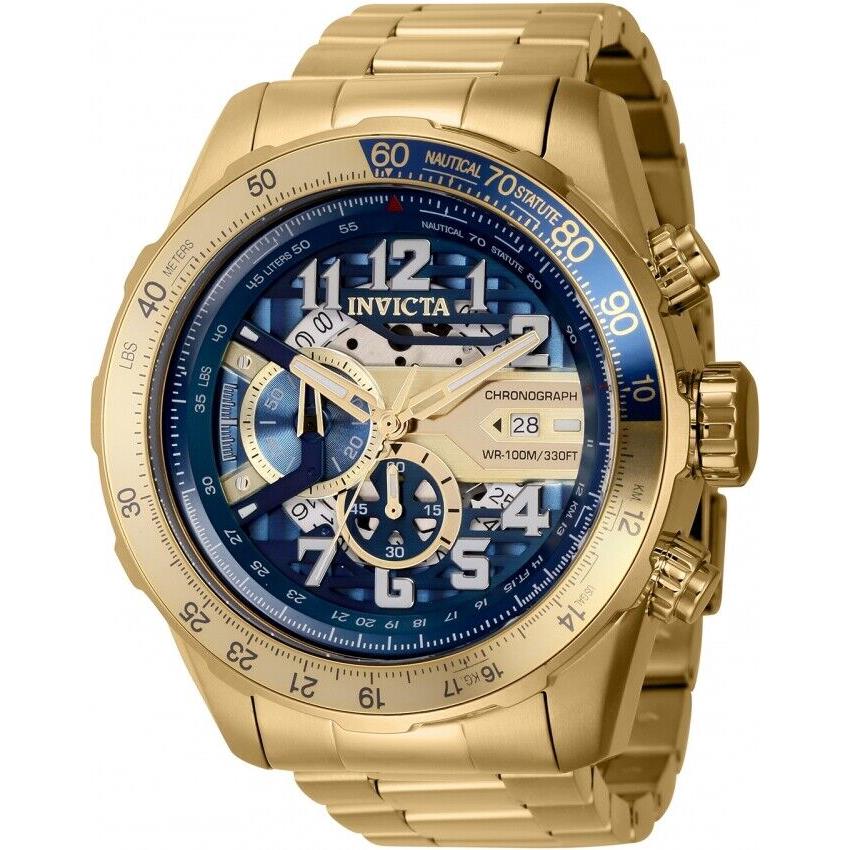 Invicta Men`s 36675 Aviator Quartz Multifunction Blue Gold Dial Analog Watch - Dial: Blue, Gold, Band: Gold