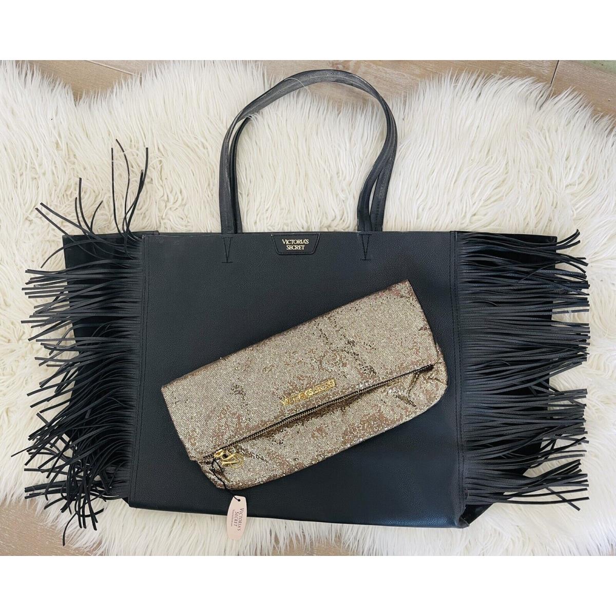 Lot Of 2 Victoria`s Secret Black Fringe Leather Tote Bag Gold Clutch Bling