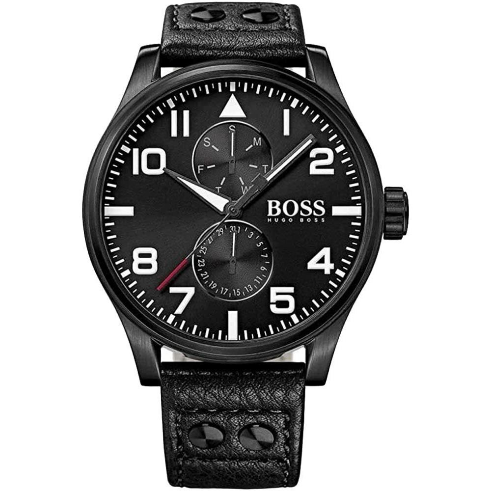 Hugo Boss Aeroliner 1513083 Black Day Date Dial Leather Strap Mens Watch