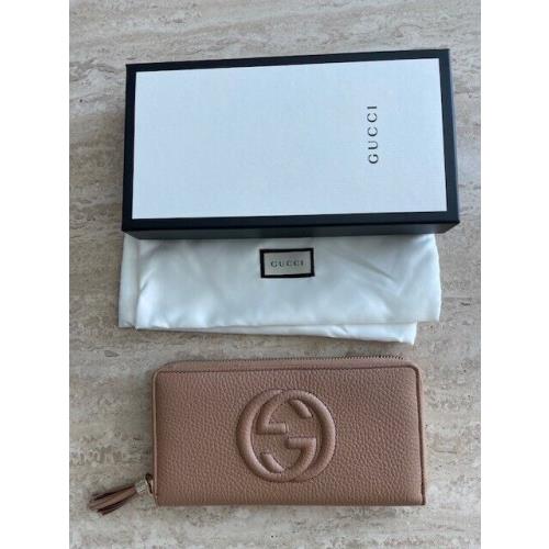 Gucci Soho Leather Camelia Long Wallet Zip Around GG Large Italy GG Box