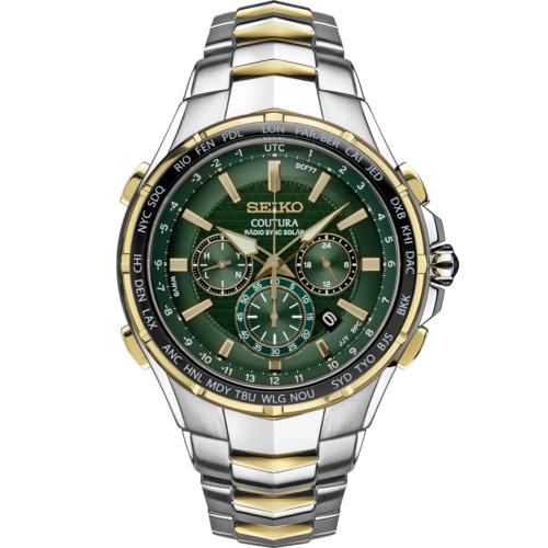Seiko Coutura Green Unisex Adult Watch - SSG022 Solar Chrongraph - Dial: Green, Band: Silver, Gold, Bezel: Gold