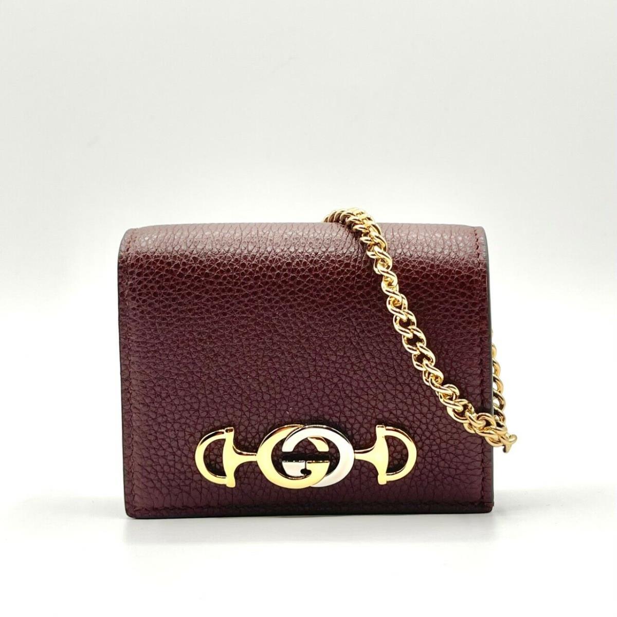 Gucci Zumi Burgundy Leather Gold Chain Bi-fold Mini Wallet W/box 570660 6629