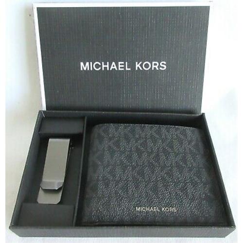 Michael Kors MK Logo Mens Black Wallet + Gun Metal Money Clip