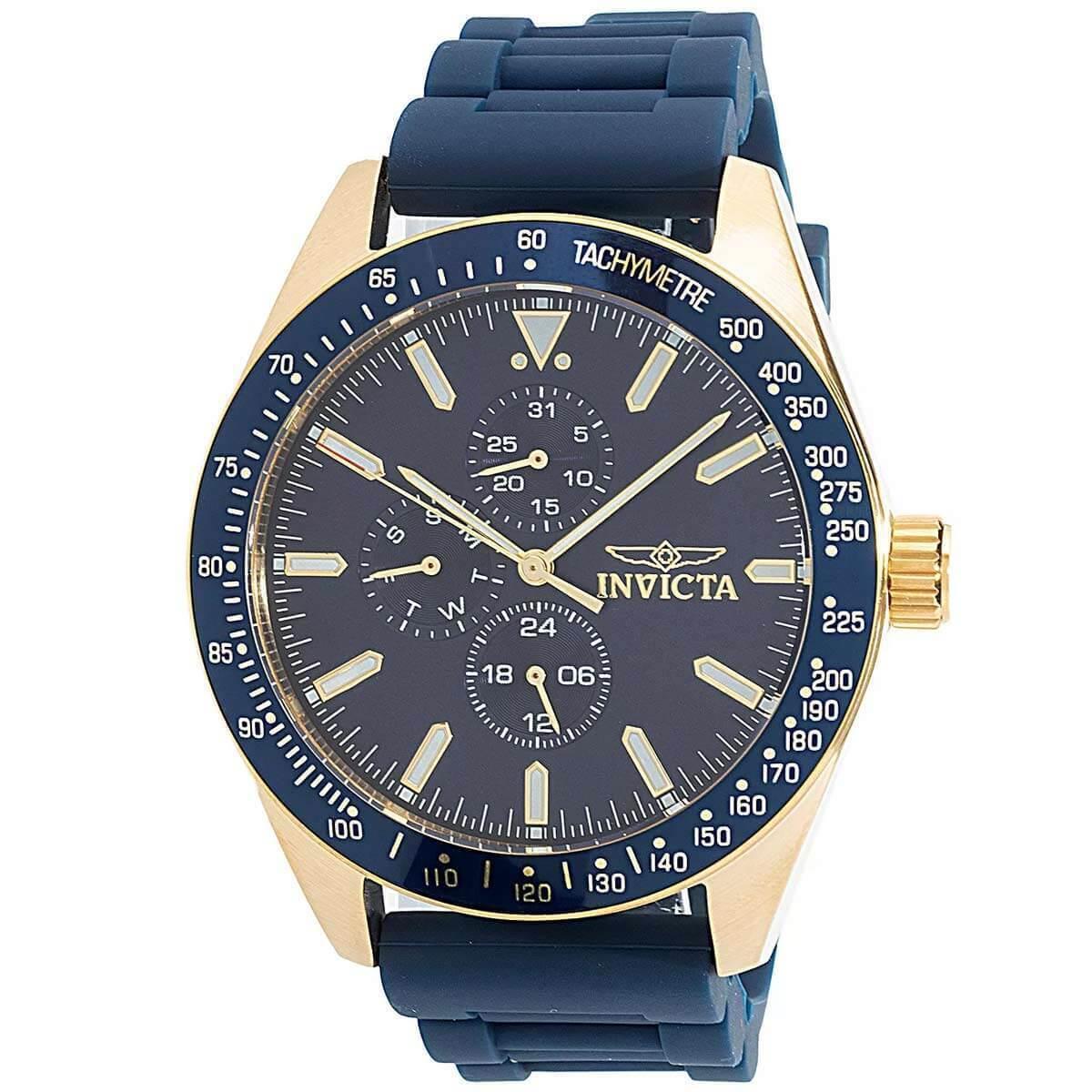 Invicta Men`s Watch Aviator Day-date Yellow Gold Case Blue Bezel Strap 38403 - Face: Blue, Dial: Blue, Band: Blue