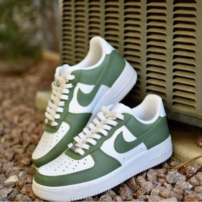 Nike Air Force 1 Custom Sneakers Low Two Tone Army Military Green White Shoes