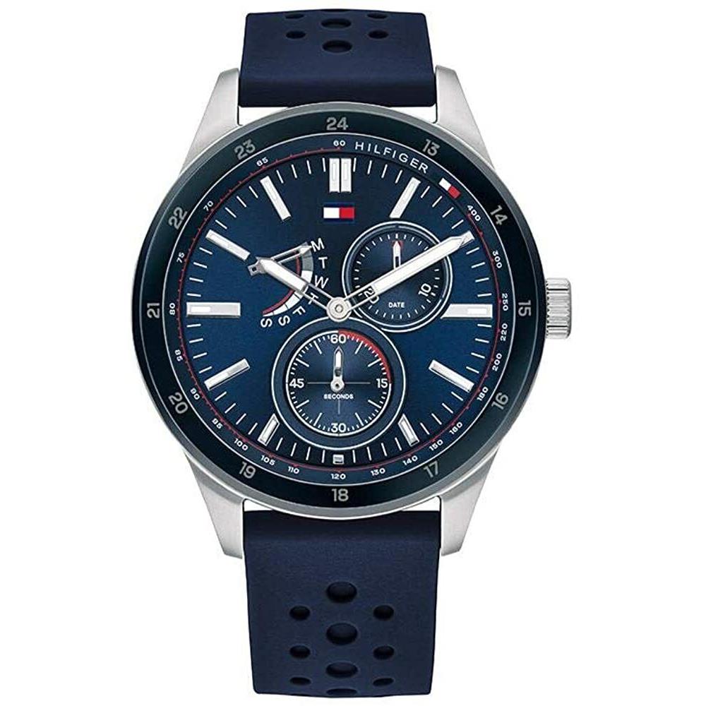 Tommy Hilfiger 1791635 Austin Silver Tone Blue Day Date Dial Mens Rubber Watch - Blue Dial, Blue Band
