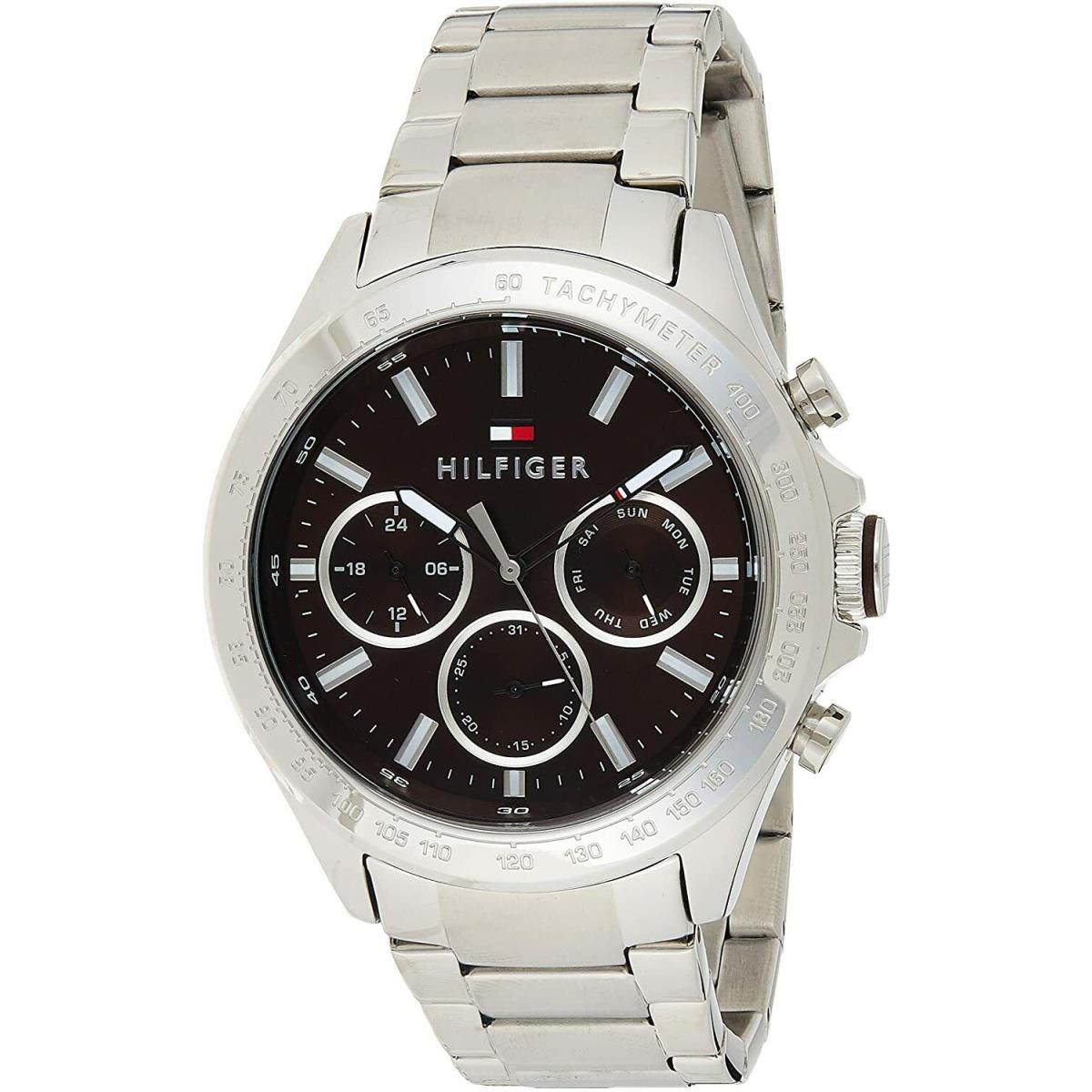 Tommy Hilfiger 1791229 Silver Tone Brown Dial Day Date Mens Casual Sport Watch