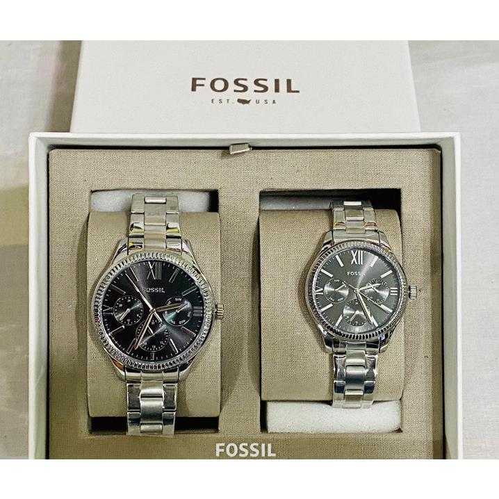 Fossil BQ2644SET Silver Black Chronograph Stainless Steel 3ATM Couples Watch Set