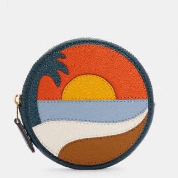 Coach C4220 Beach Orange Coin Purse Leather Sun Tree Zip Leather Bag Handbag